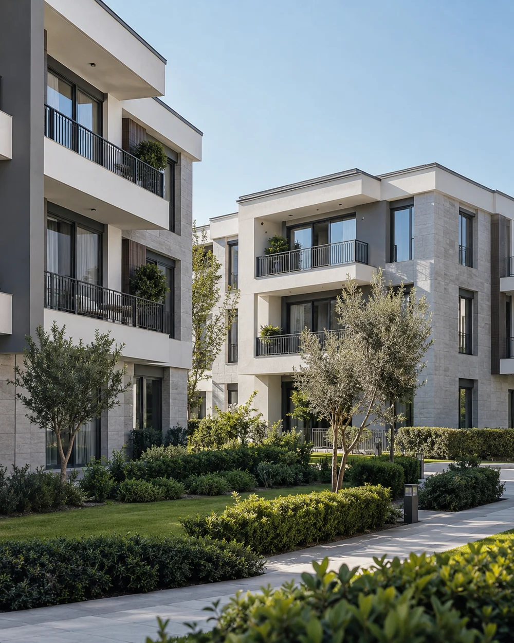 Peyzajlı ortak alanları bulunan modern apartmanlar, temsili görsel